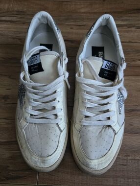 Golden Goose Ball Star Cream Sneakers with Silver Glitter Star 40 Or 9.5